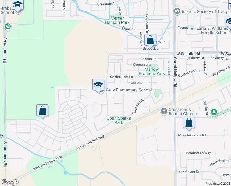 map of restaurants, bars, coffee shops, grocery stores, and more near 2447 Veneto Lane in Tracy