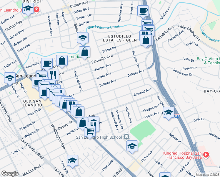 map of restaurants, bars, coffee shops, grocery stores, and more near 688 Dolores Avenue in San Leandro
