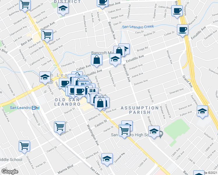 map of restaurants, bars, coffee shops, grocery stores, and more near 494 Juana Avenue in San Leandro