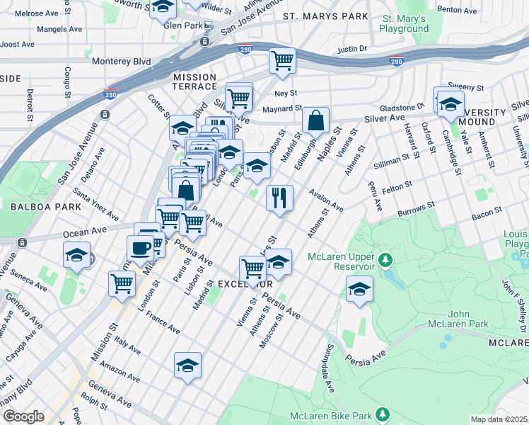 map of restaurants, bars, coffee shops, grocery stores, and more near 275 Madrid Street in San Francisco
