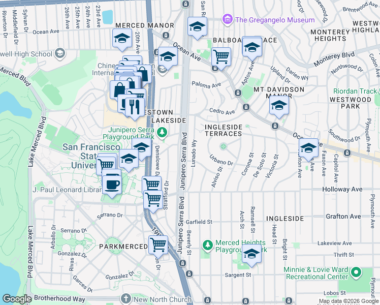map of restaurants, bars, coffee shops, grocery stores, and more near 143 Lunado Way in San Francisco