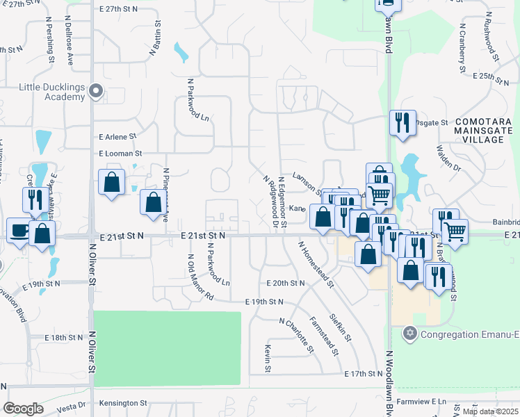 map of restaurants, bars, coffee shops, grocery stores, and more near 2335 North Ridgewood Court in Wichita