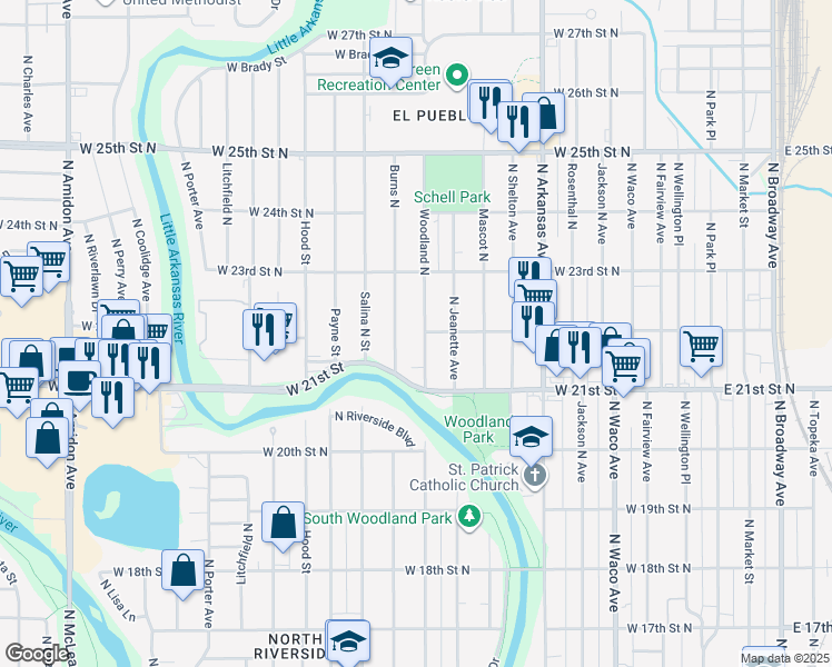 map of restaurants, bars, coffee shops, grocery stores, and more near 2354 Burns North in Wichita