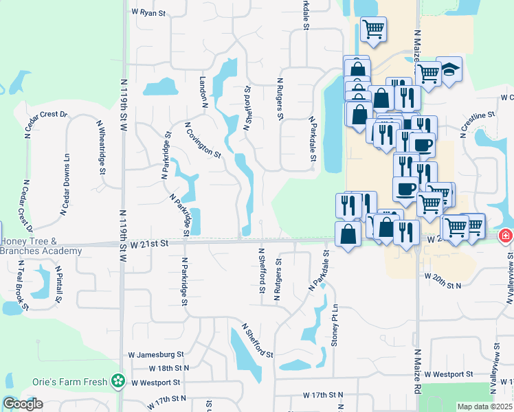 map of restaurants, bars, coffee shops, grocery stores, and more near 2237 North Shefford Circle in Wichita