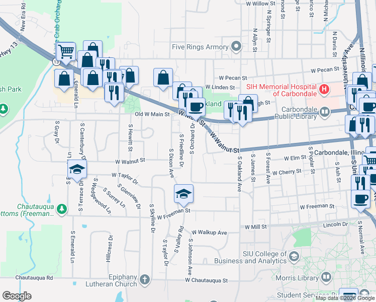 map of restaurants, bars, coffee shops, grocery stores, and more near 206 South Orchard Drive in Carbondale