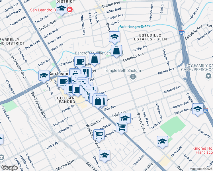 map of restaurants, bars, coffee shops, grocery stores, and more near 471 Juana Avenue in San Leandro