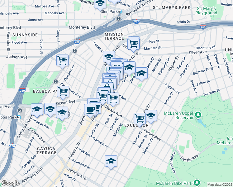 map of restaurants, bars, coffee shops, grocery stores, and more near Brazil Ave & London St in San Francisco