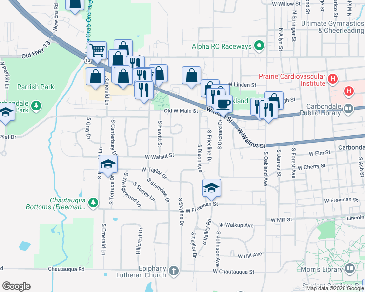 map of restaurants, bars, coffee shops, grocery stores, and more near 200 South Travelstead Lane in Carbondale