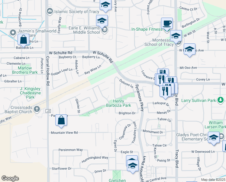 map of restaurants, bars, coffee shops, grocery stores, and more near 807 Robert L Smith Drive in Tracy