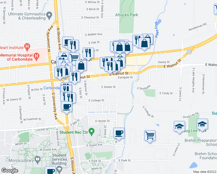 map of restaurants, bars, coffee shops, grocery stores, and more near South Graham Avenue in Carbondale