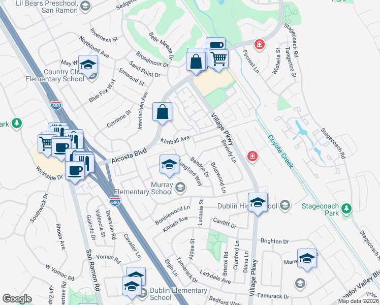 map of restaurants, bars, coffee shops, grocery stores, and more near 8787 Bandon Drive in Dublin