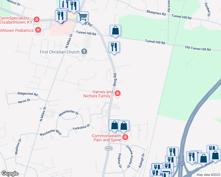 map of restaurants, bars, coffee shops, grocery stores, and more near 1300-1398 Farmingdale Drive in Elizabethtown