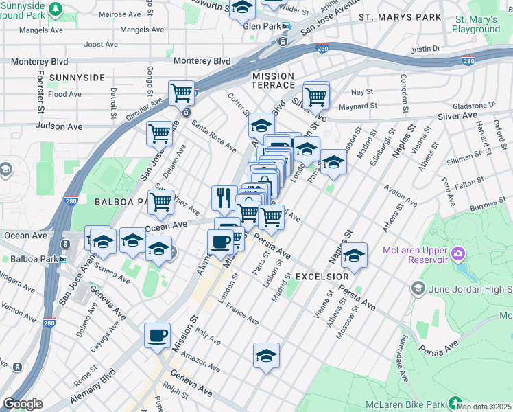 map of restaurants, bars, coffee shops, grocery stores, and more near in San Francisco