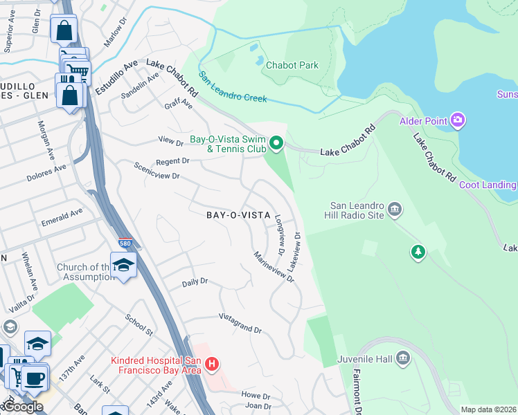 map of restaurants, bars, coffee shops, grocery stores, and more near 1780 Skyview Drive in San Leandro
