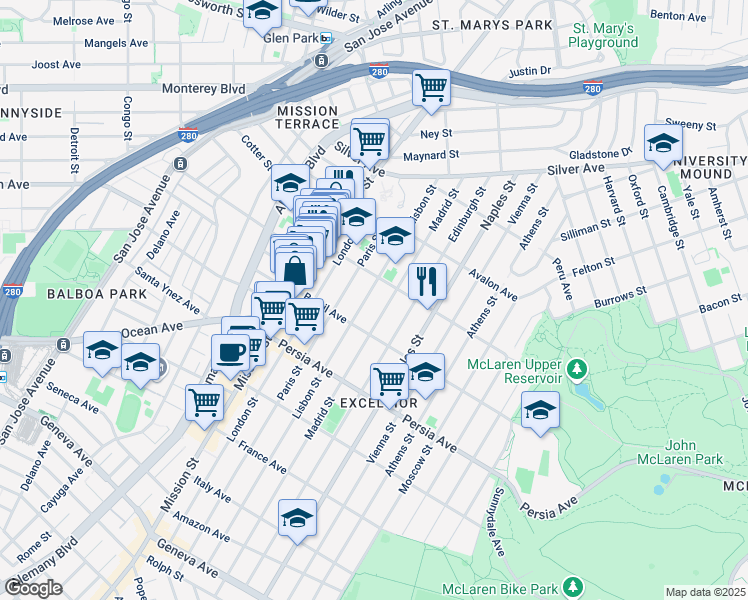map of restaurants, bars, coffee shops, grocery stores, and more near 206 Lisbon Street in San Francisco