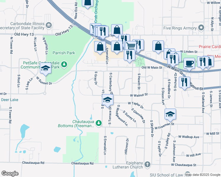 map of restaurants, bars, coffee shops, grocery stores, and more near 303 South Canterbury Drive in Carbondale
