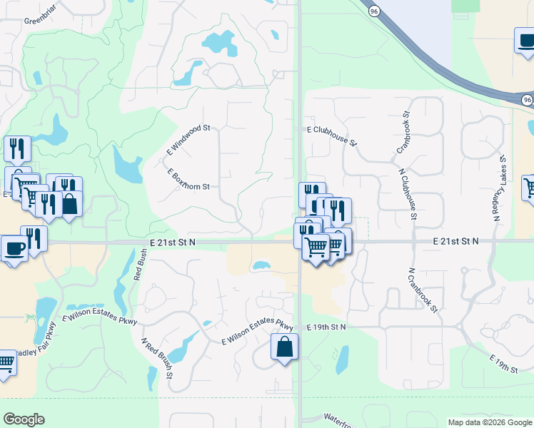 map of restaurants, bars, coffee shops, grocery stores, and more near 9389-9411 East Bent Tree Circle in Wichita