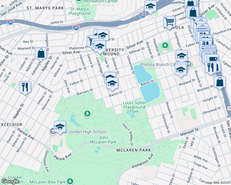 map of restaurants, bars, coffee shops, grocery stores, and more near 1408 Bacon Street in San Francisco