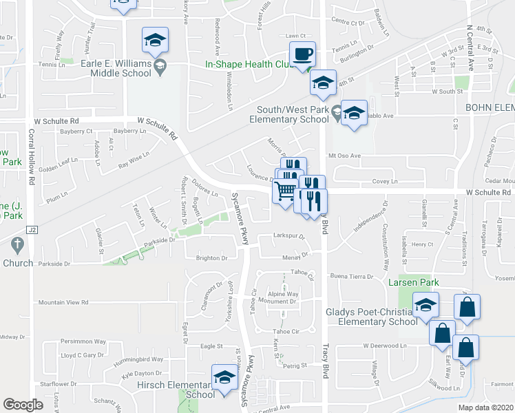 map of restaurants, bars, coffee shops, grocery stores, and more near 731 Weeping Willow Lane in Tracy