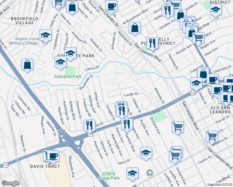map of restaurants, bars, coffee shops, grocery stores, and more near 1220 Minerva Street in San Leandro