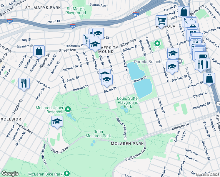 map of restaurants, bars, coffee shops, grocery stores, and more near 1378 Bacon Street in San Francisco