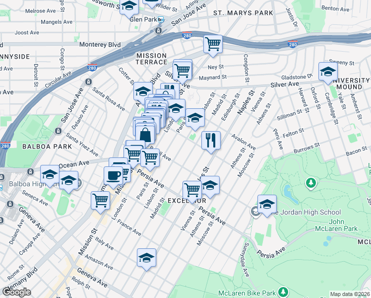 map of restaurants, bars, coffee shops, grocery stores, and more near 206 Lisbon Street in San Francisco
