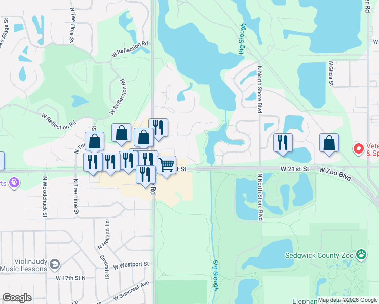 map of restaurants, bars, coffee shops, grocery stores, and more near 2230 North Ridge Road in Wichita