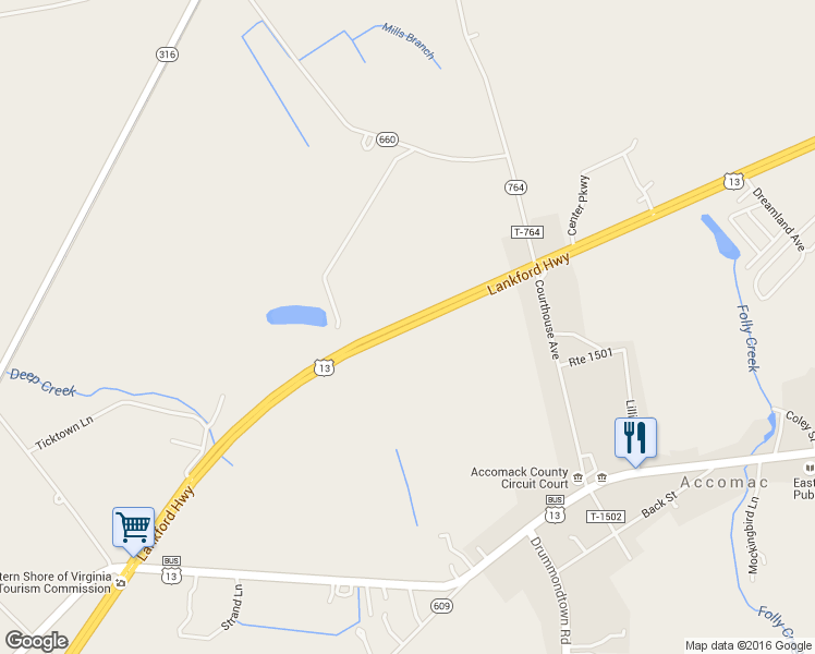 map of restaurants, bars, coffee shops, grocery stores, and more near Lankford Highway in Accomac