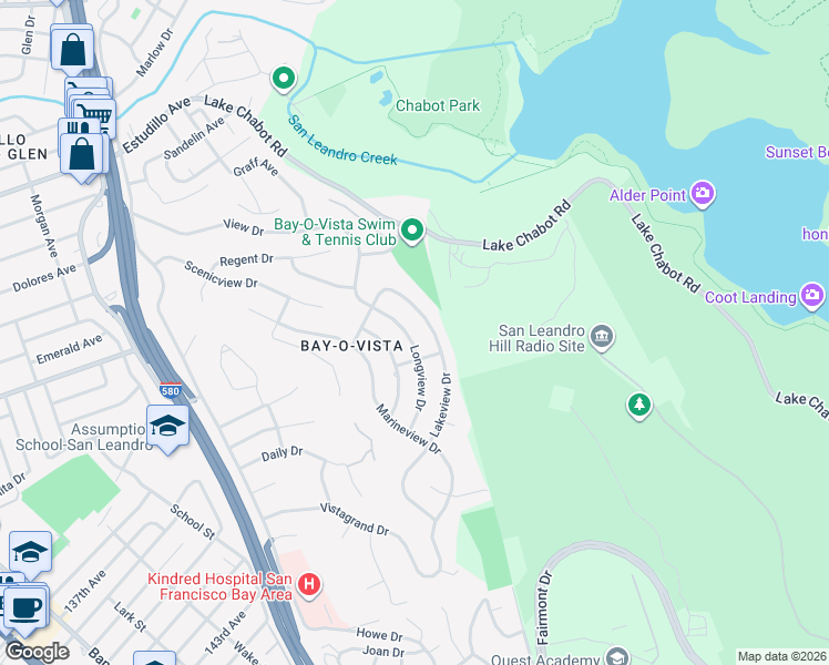 map of restaurants, bars, coffee shops, grocery stores, and more near 2225 Lakeview Drive in San Leandro