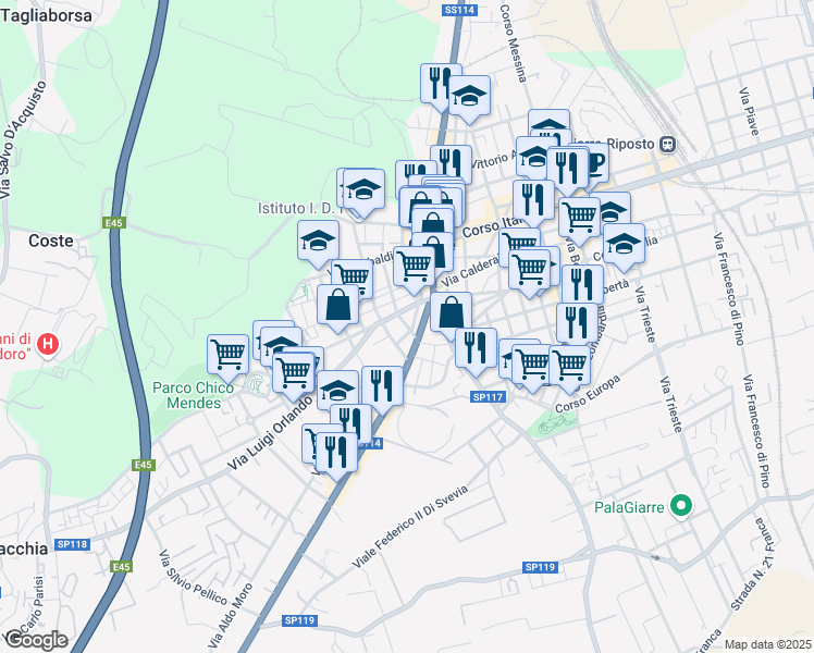 map of restaurants, bars, coffee shops, grocery stores, and more near 51 Via Luigi Pirandello in Giarre