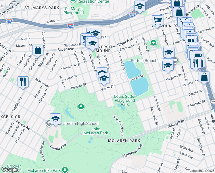 map of restaurants, bars, coffee shops, grocery stores, and more near 1408 Bacon Street in San Francisco