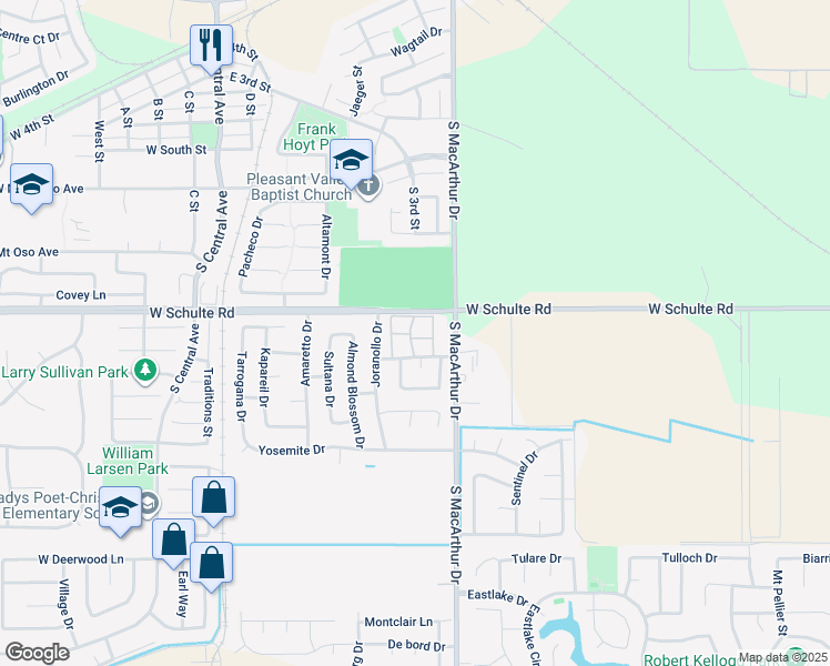 map of restaurants, bars, coffee shops, grocery stores, and more near 525 Peerless Way in Tracy