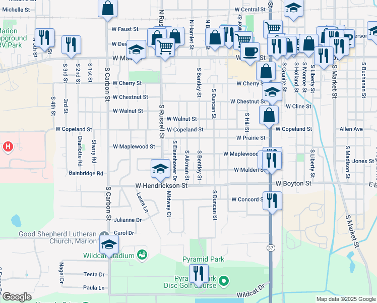 map of restaurants, bars, coffee shops, grocery stores, and more near 711 South Aikman Street in Marion