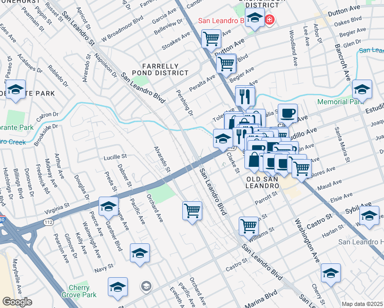 map of restaurants, bars, coffee shops, grocery stores, and more near 1100 San Leandro Boulevard in San Leandro