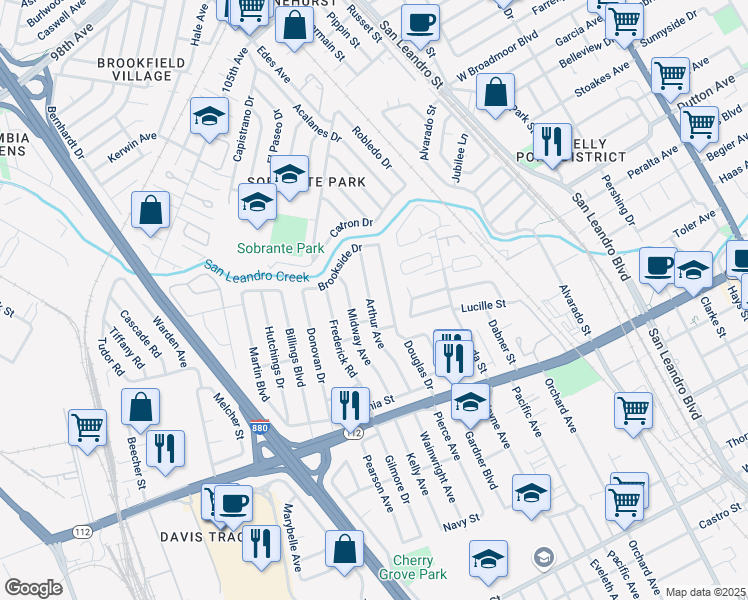 map of restaurants, bars, coffee shops, grocery stores, and more near 747 Arthur Avenue in San Leandro