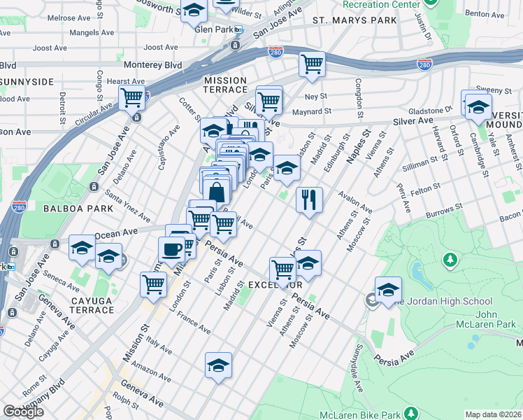 map of restaurants, bars, coffee shops, grocery stores, and more near 206 Lisbon Street in San Francisco