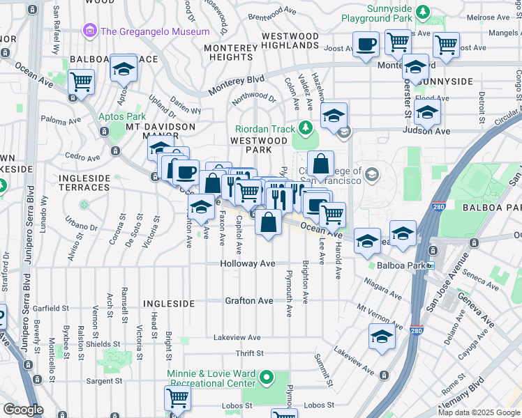 map of restaurants, bars, coffee shops, grocery stores, and more near 345 Miramar Avenue in San Francisco