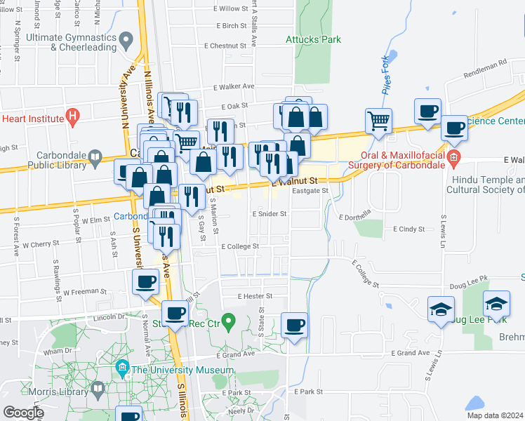 map of restaurants, bars, coffee shops, grocery stores, and more near 403 South Logan Avenue in Carbondale
