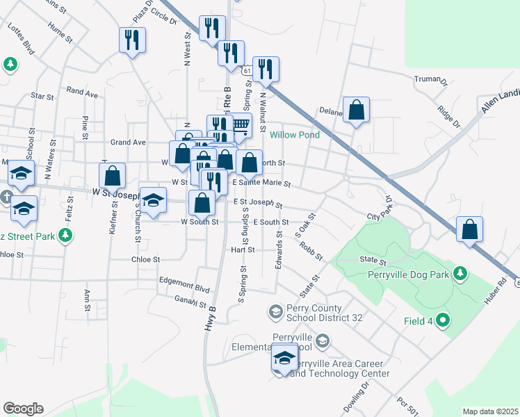 map of restaurants, bars, coffee shops, grocery stores, and more near 118 East Saint Joseph Street in Perryville