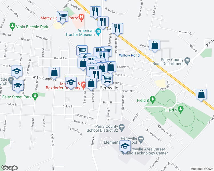 map of restaurants, bars, coffee shops, grocery stores, and more near 5 North Main Street in Perryville
