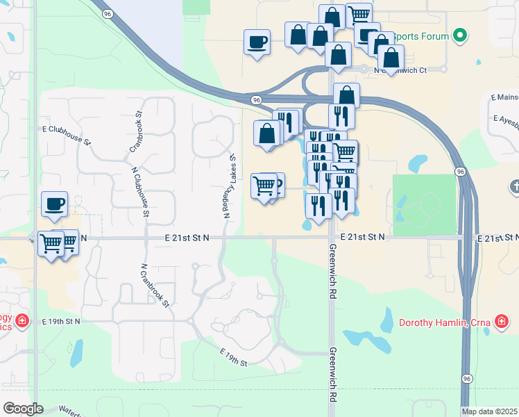 map of restaurants, bars, coffee shops, grocery stores, and more near W 22nd Cir N in Wichita