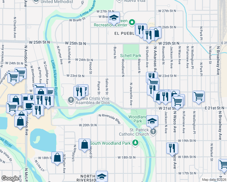 map of restaurants, bars, coffee shops, grocery stores, and more near 2354 Burns North in Wichita