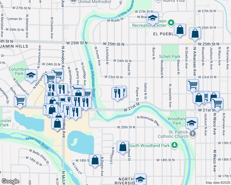 map of restaurants, bars, coffee shops, grocery stores, and more near 2346 North Somerset Avenue in Wichita