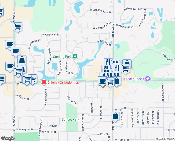map of restaurants, bars, coffee shops, grocery stores, and more near 9254 West 21st Street in Wichita