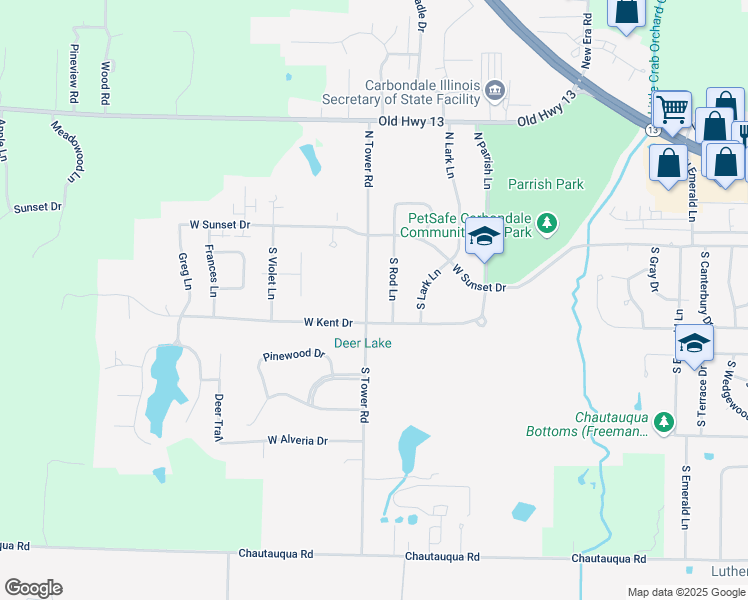 map of restaurants, bars, coffee shops, grocery stores, and more near 100-298 South Tower Road in Carbondale