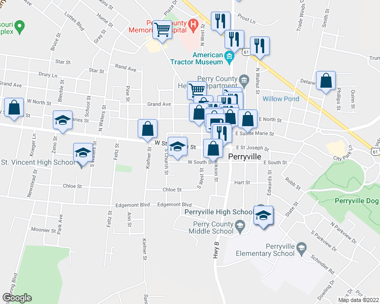 map of restaurants, bars, coffee shops, grocery stores, and more near 234 West Saint Joseph Street in Perryville