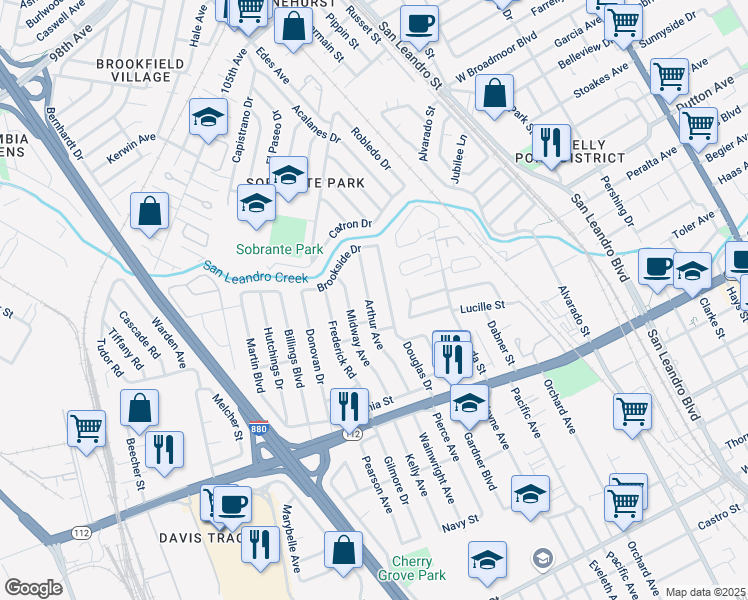 map of restaurants, bars, coffee shops, grocery stores, and more near 747 Arthur Avenue in San Leandro