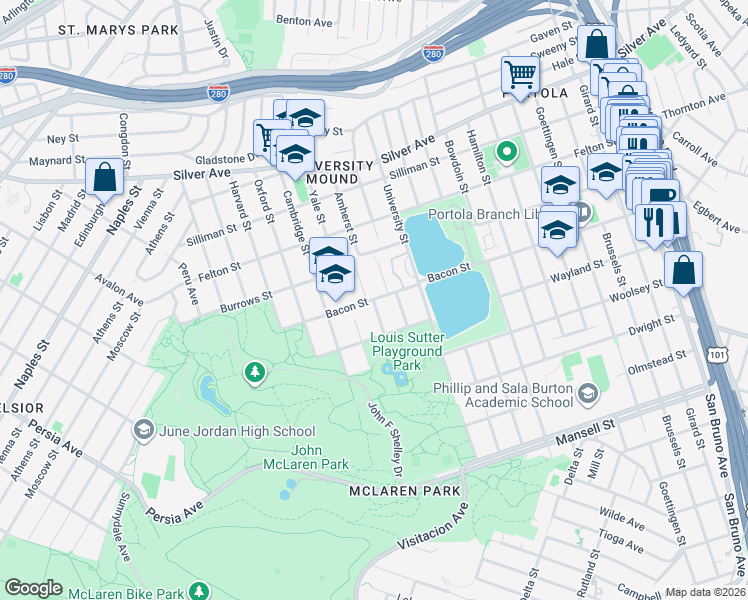 map of restaurants, bars, coffee shops, grocery stores, and more near Bacon Street & Amherst Street in San Francisco