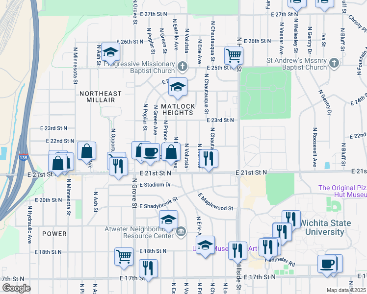 map of restaurants, bars, coffee shops, grocery stores, and more near 2269 North Volutsia Street in Wichita
