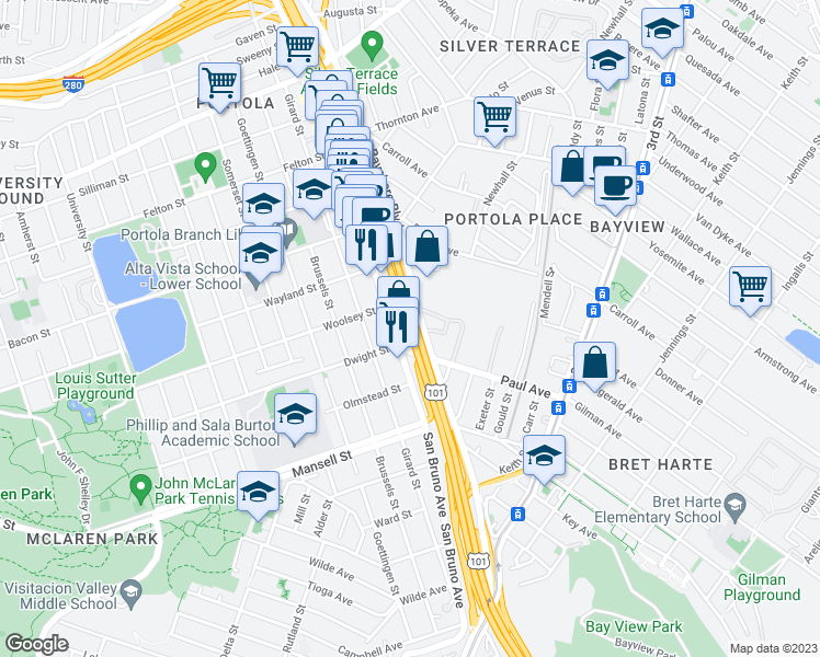 map of restaurants, bars, coffee shops, grocery stores, and more near 1500 Bayshore Boulevard in San Francisco